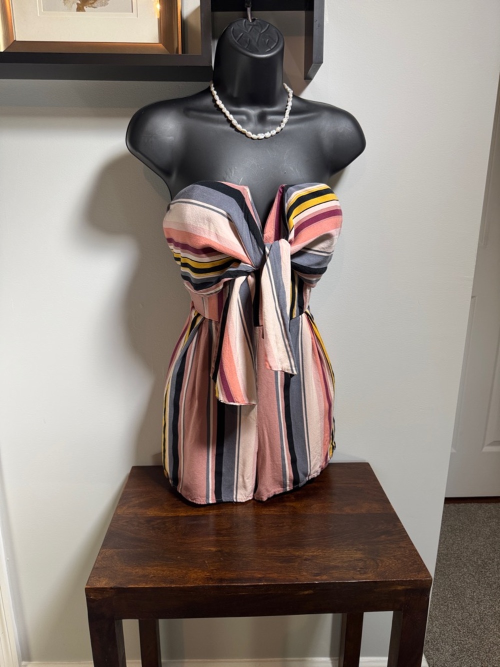 Striped Tie-Front Strapless Romper Pink, Navy & Yellow